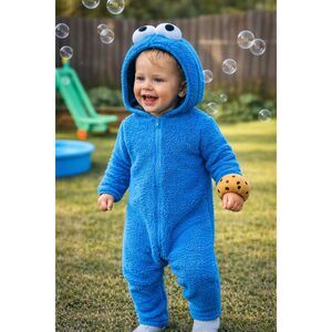 Sesame Street Cookie Monster Costume 2T Blue Fleece Toddler Hooded One Piece